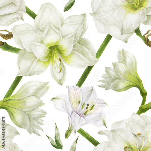 Seamless pattern of white liliy and alstroemeria. Romantic composition for weddings and Valentines Day. Floral watercolor illustration for textiles, greetings and invitations