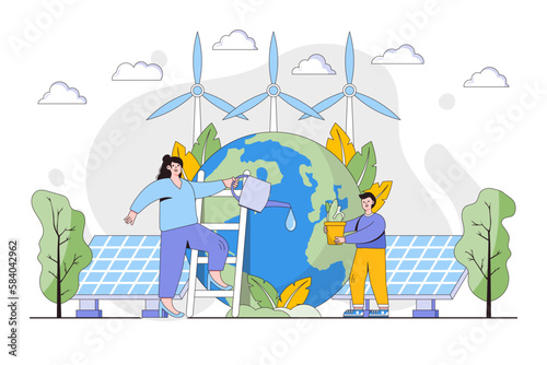 Ecology concept. People take care about planet and protect nature. Environmental and earth day vector cartoon illustration for landing page, web banner, hero images