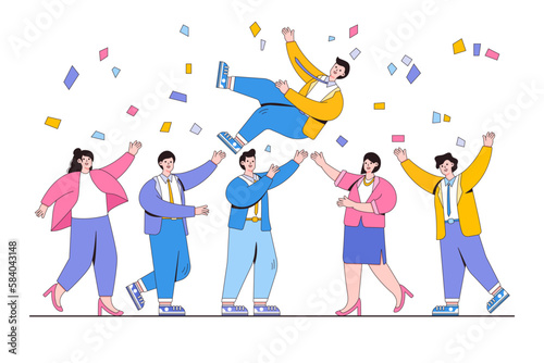 Business success congratulation concept. Team of young people tossing up in air man with confetti flying around and celebrating victory achievement. Minimal vector illustration for landing page