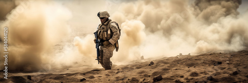 Fotobehang Special forces soldier crosses the battlefield, fire and smoke in the desert bac