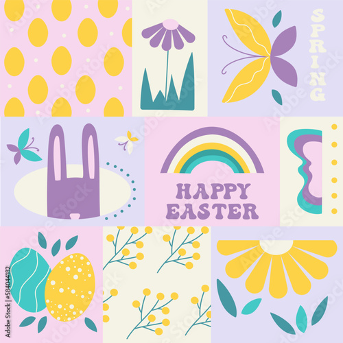 Colorful geometric poster with Easter symbols.