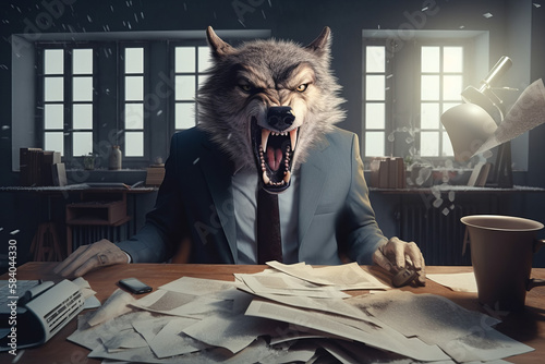 Furious wolf in classic business suit tearing sheets of paper, screaming crazy boss. AI generated, human enhanced © top images