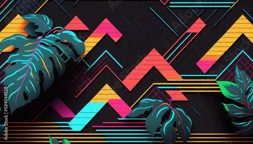 Retro 1980s geometric beach design wallpaper generative ai