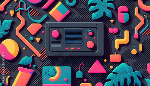 Retro gaming 80s design wallpaper neon colors on black generative ai