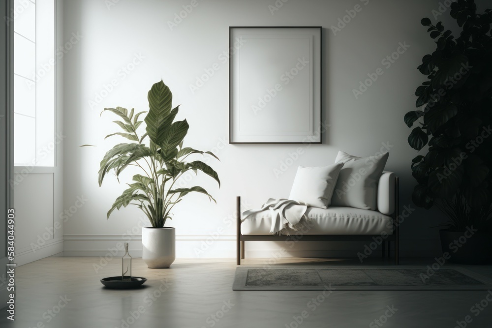 Mockup poster frame on the wall of living room. Modern interior design. Background with selective focus. AI generated Mockup poster frame on the wall of living room. Modern interior design. Background with selective focus. AI generated