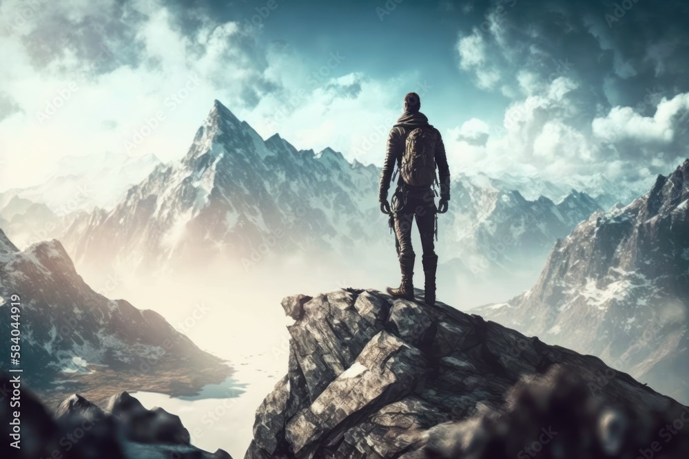 Person looking from the top of a mountain. AI generated, human enhanced. Person looking from the top of a mountain. AI generated, human enhanced.