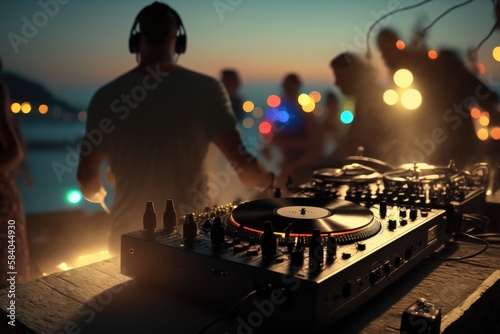 Professional sound system dj console on foreground and blurred crowd of happy dancing people on background. AI generated