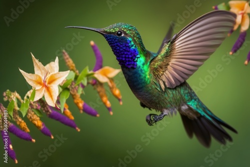Colorful hummingbird on top of beautiful flowers. AI generated, human enhanced. Background
