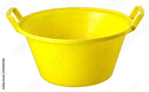 Large plastic bowl used for washing clothes in the household. Isolated background.