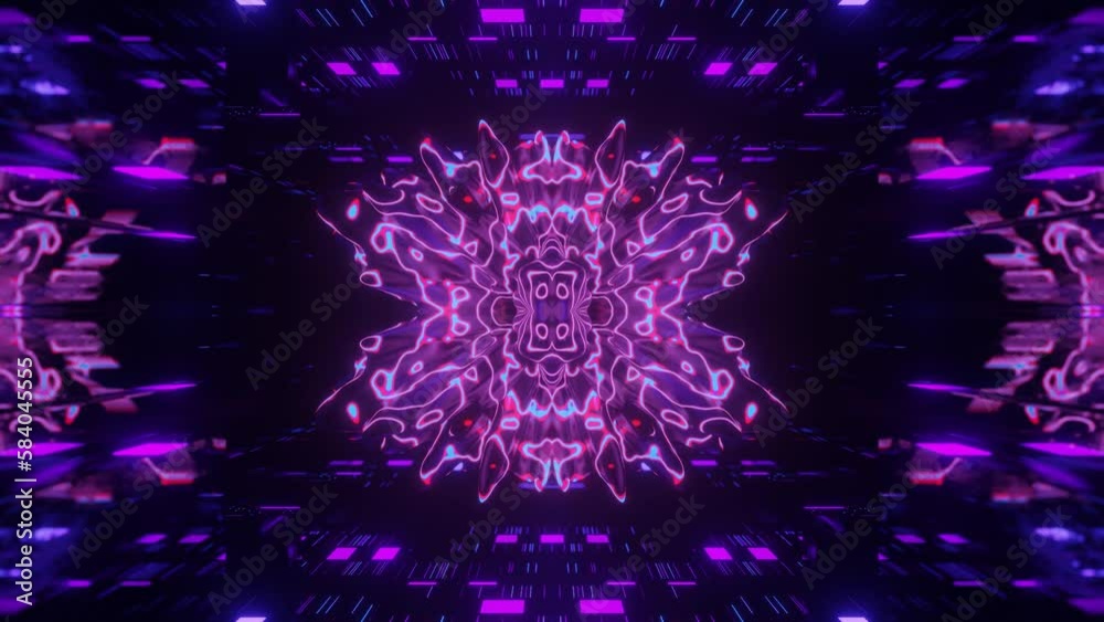 symmetrical 3d object or structure rotates and moves inside glass mirror tunnel with neon light, bright reflections. Fantastic abstract background looped in 4k. Vj loop for show. Night club vj loop