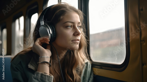 girl in headphones rides a train and looks out the window. generative AI © Margo_Alexa