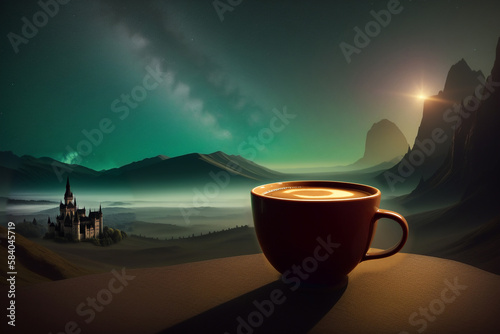 Into a fantasy world with a cup of coffee. A cup with a drink against the backdrop of a fantasy mountain landscape at night. AI generative