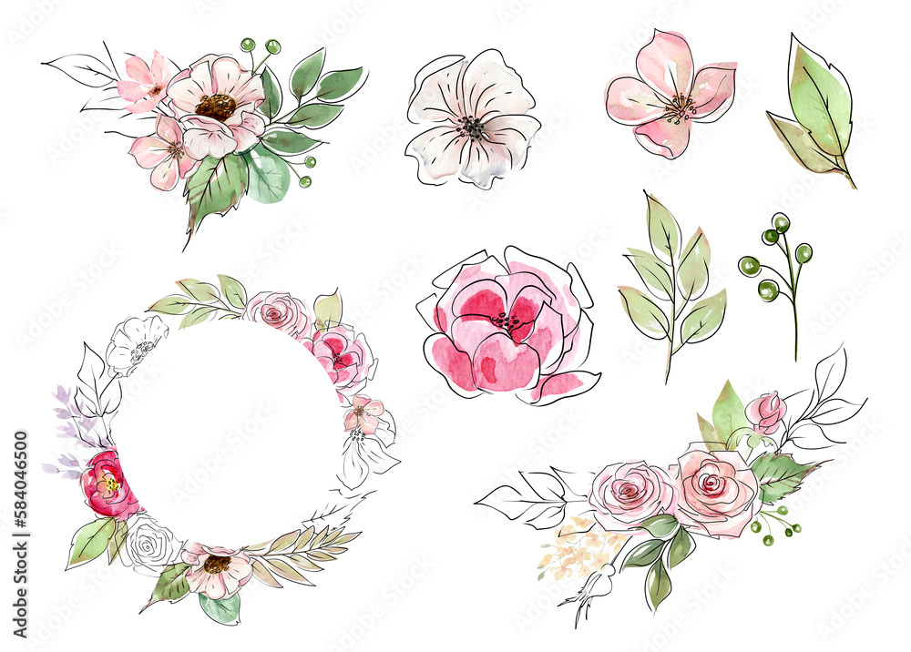 Watercolor wreaths and bouquets with pink flowers and green leaves with linear strokes, Watercolor Florals and Hand Drawn Botanical Elements, Floral arrangement for card, invitation, decoration. 
