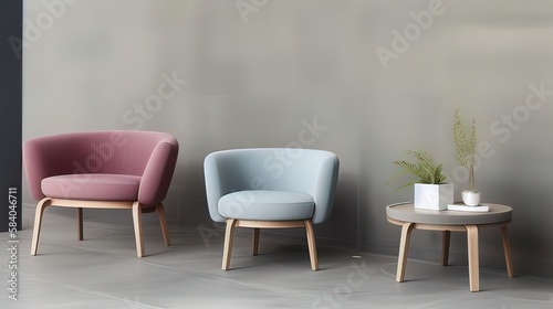 three chairs in different colors on a concrete floor - Generative AI