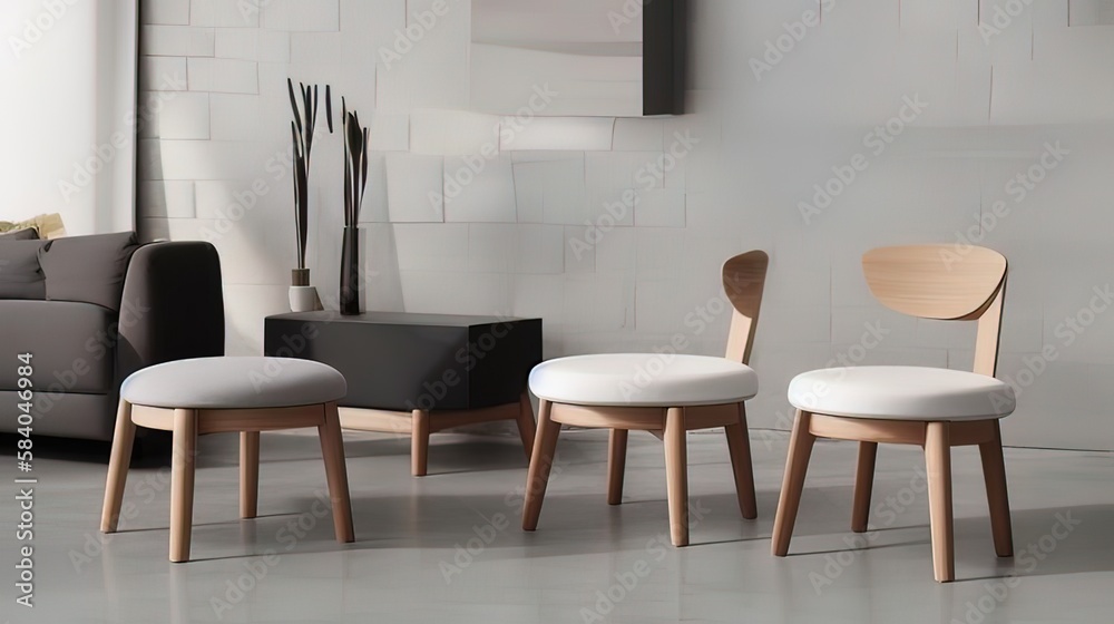 three modern chairs in a room with a sofa - Generative AI three modern chairs in a room with a sofa - Generative AI