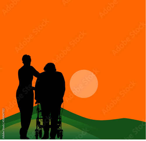 Silhouette: Pflegerin geht und stützt alte Frau mit Rollator im Sonnenuntergang