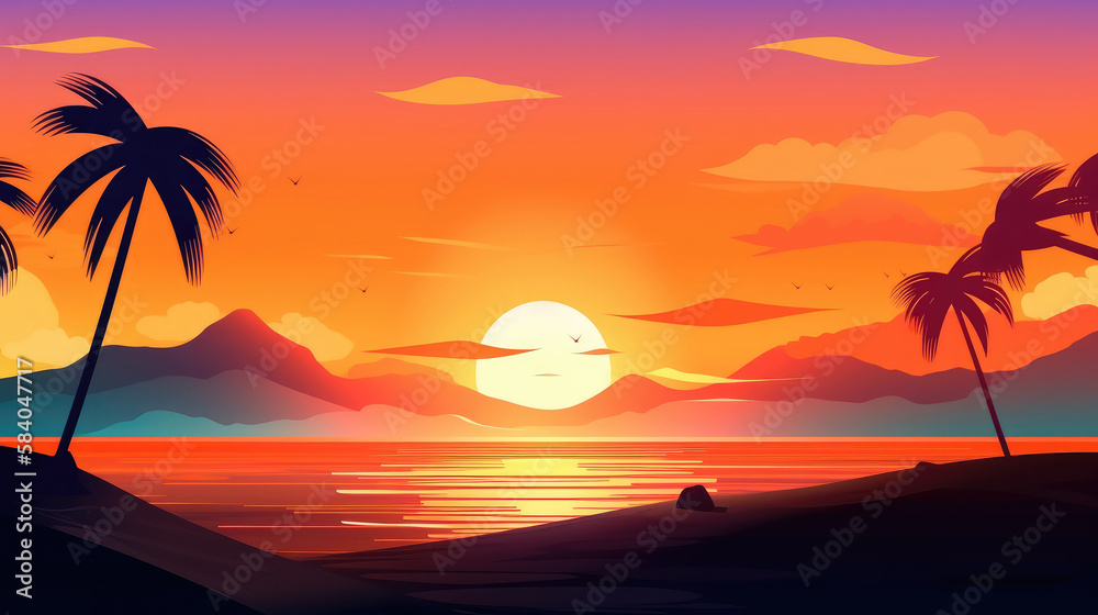 Summer sunset background. Illustration AI Generative.