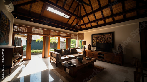 The living room of a modern luxury Balinese house. AI generated.