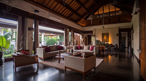 The living room of a modern luxury Balinese house. AI generated.