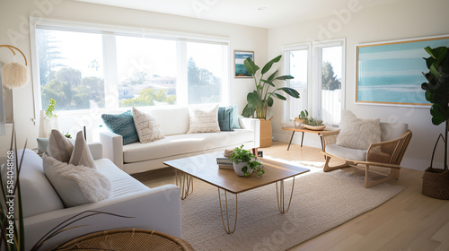The living room of a bright Californian beach house. AI generated. © Ralph Price