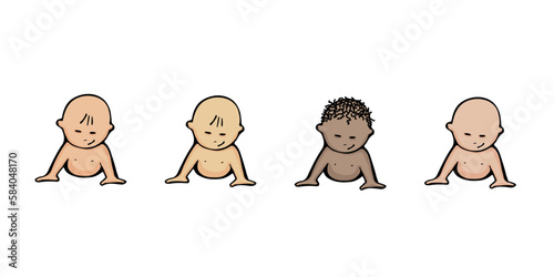 Cute naked baby crawls forward as different peoples and nations in 4 colors. In cartoon doodle style. Isolated on white background