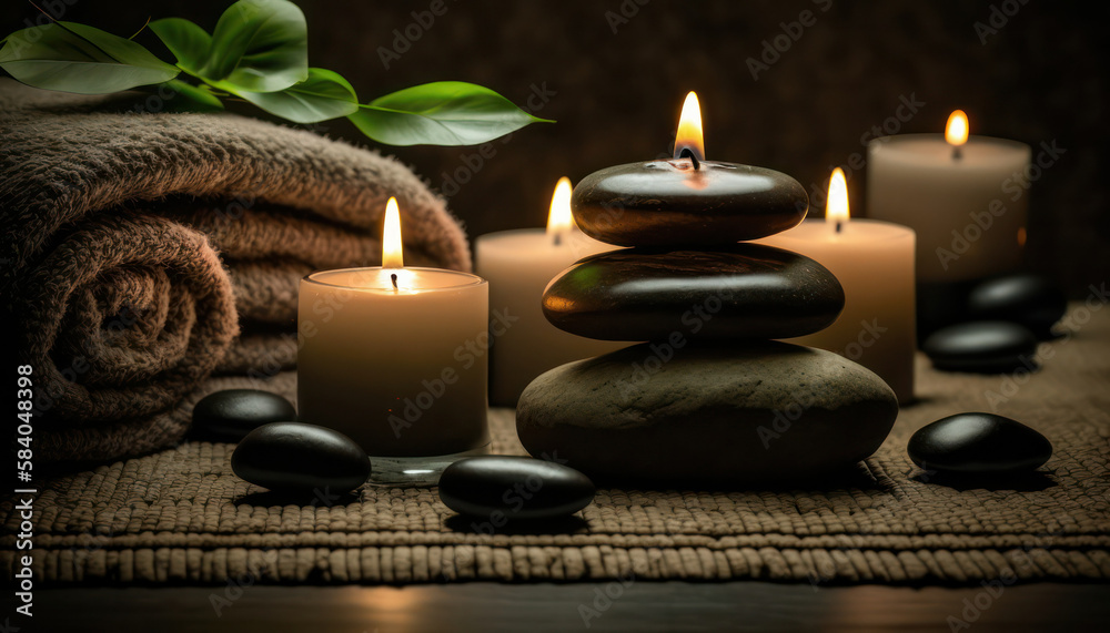 candles, flower, towel and stones for thalassotherapy in the spa area. cozy atmosphere. body care. generative AI - obrazy, fototapety, plakaty 