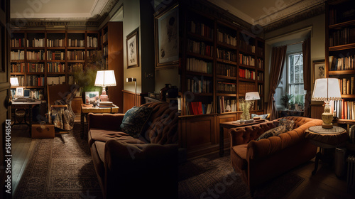 A library room in the interior of a traditional house. AI generated.