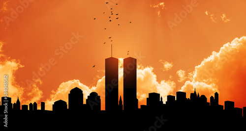 New York skyline silhouette with Twin Towers and birds flying up like souls at sunset. American Patriot Day banner.