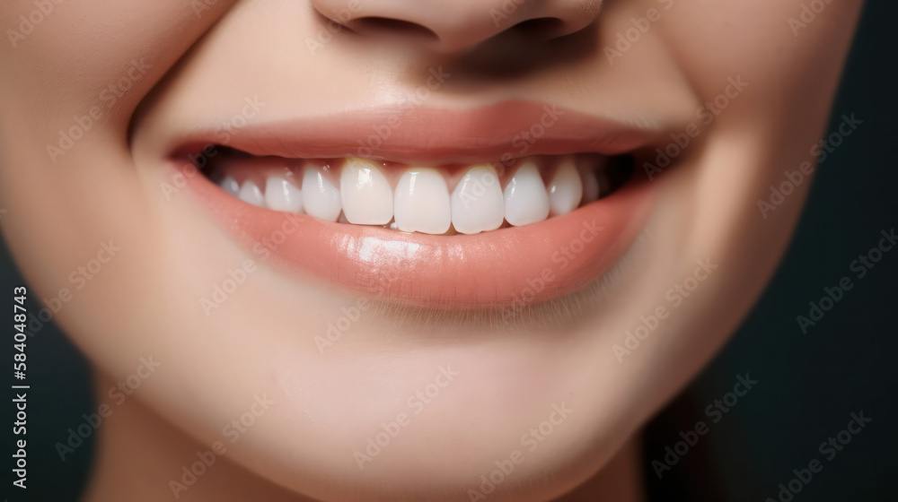 Fototapeta premium Beautiful smile of a young woman. dental health. Teeth whitening. Patient in a dental clinic. Dentistry concept. generative AI
