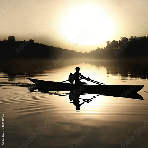 kayaking, boat, sunset, water, fishing, lake, fisherman, sea, silhouette, river, sun, nature, evening, sunrise, fish, landscape, sky, rowing, kayak, ocean, reflection, travel, sport, generative © Eugene