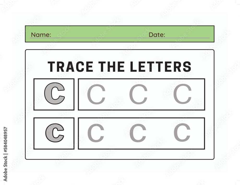Trace letter C uppercase and lowercase. Alphabet tracing practice preschool worksheet for kids learning. Vector illustration Trace letter C uppercase and lowercase. Alphabet tracing practice preschool worksheet for kids learning. Vector illustration
