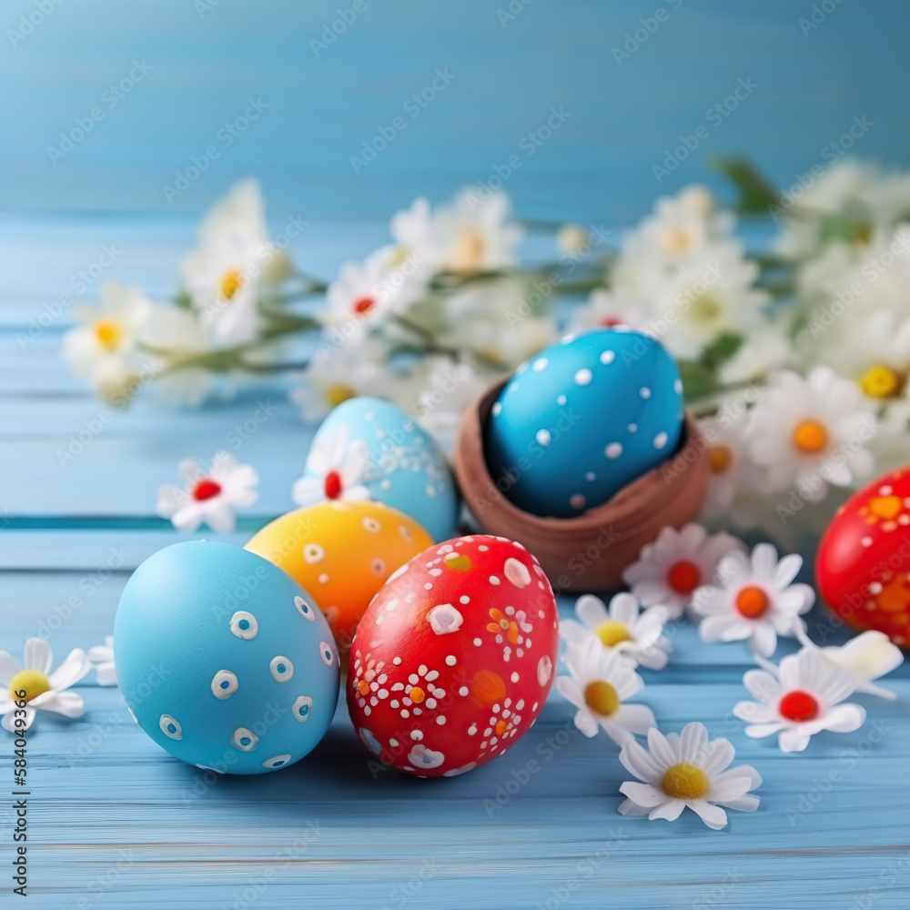 Fototapeta premium Easter Day. eggs painted in many colors on a blue wooden table. decorating flowers.