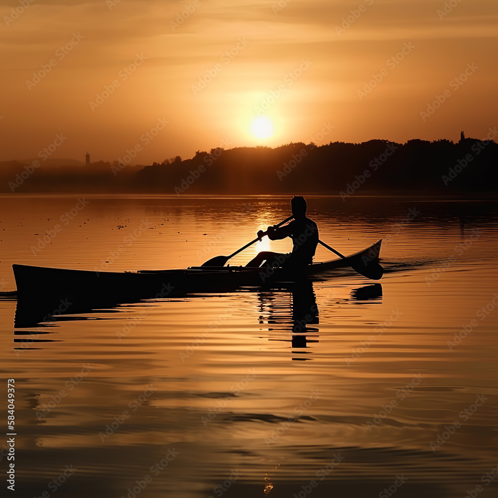 kayaking, boat, sunset, water, fishing, lake, fisherman, sea, silhouette, river, sun, nature, evening, sunrise, fish, landscape, sky, rowing, kayak, ocean, reflection, travel, sport, generative ai