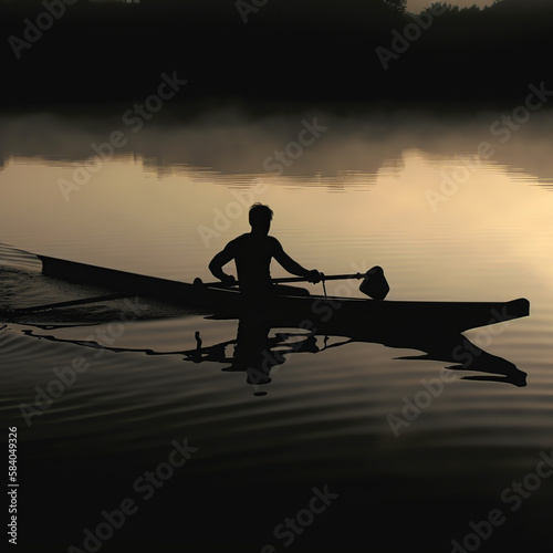 kayaking, boat, sunset, water, fishing, lake, fisherman, sea, silhouette, river, sun, nature, evening, sunrise, fish, landscape, sky, rowing, kayak, ocean, reflection, travel, sport, generative ai