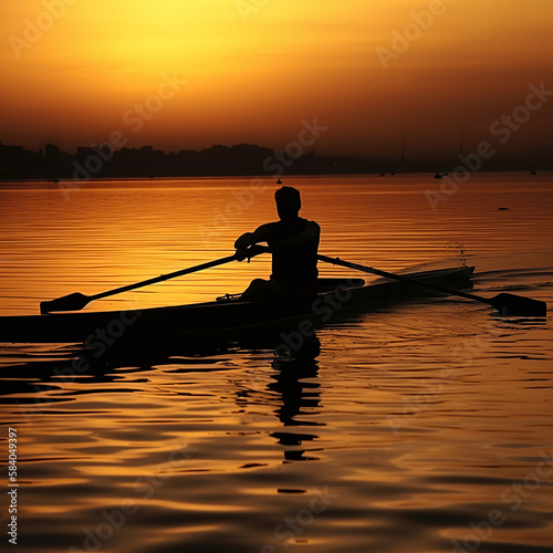 kayaking, boat, sunset, water, fishing, lake, fisherman, sea, silhouette, river, sun, nature, evening, sunrise, fish, landscape, sky, rowing, kayak, ocean, reflection, travel, sport, generative ai