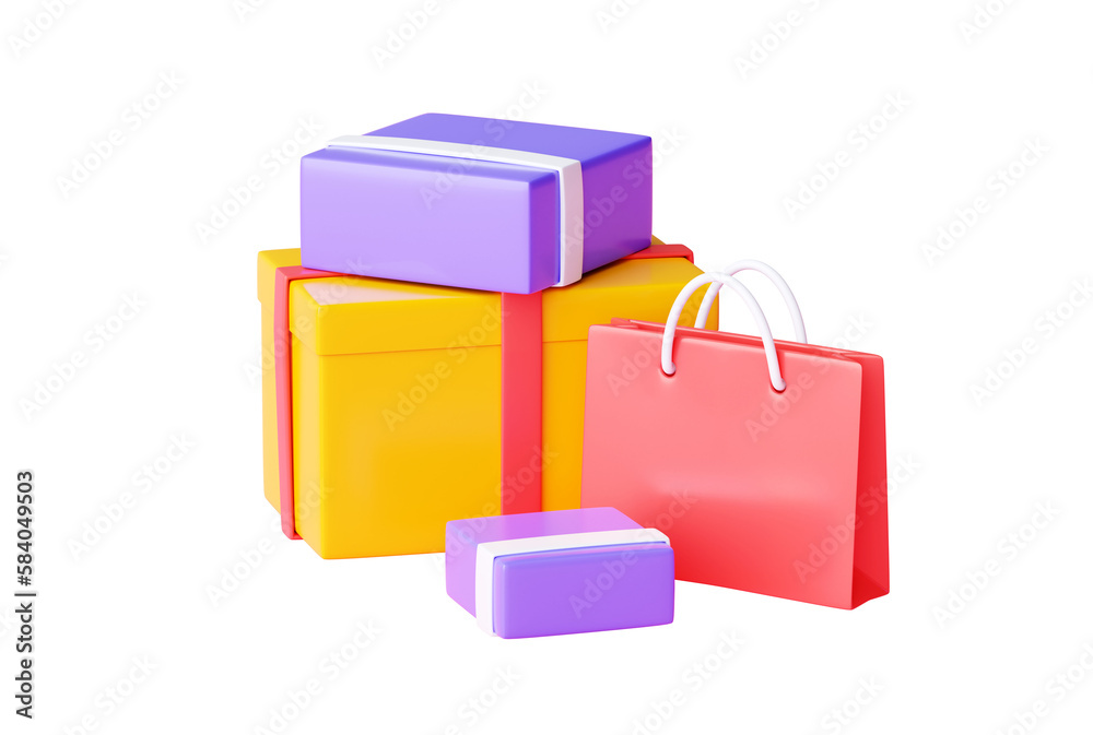 Shopping bag and box pile 3d render - group of various shop and gift paper packs. Shopping bag and box pile 3d render - group of various shop and gift paper packs.