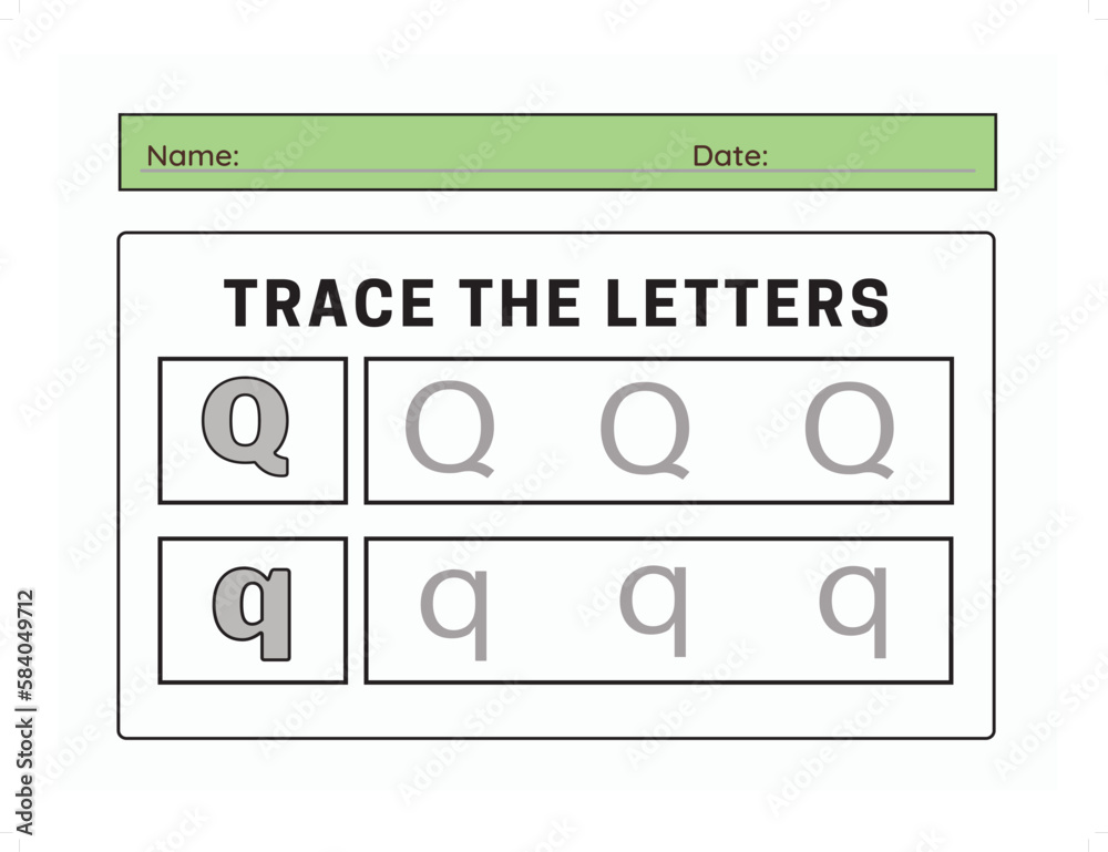 Trace letter Q uppercase and lowercase. Alphabet tracing practice preschool worksheet for kids learning. Vector illustration Trace letter Q uppercase and lowercase. Alphabet tracing practice preschool worksheet for kids learning. Vector illustration