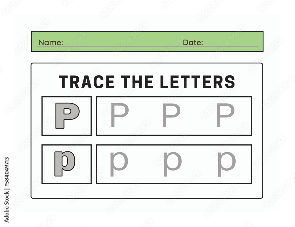 Trace letter P uppercase and lowercase. Alphabet tracing practice preschool worksheet for kids learning. Vector illustration Trace letter P uppercase and lowercase. Alphabet tracing practice preschool worksheet for kids learning. Vector illustration