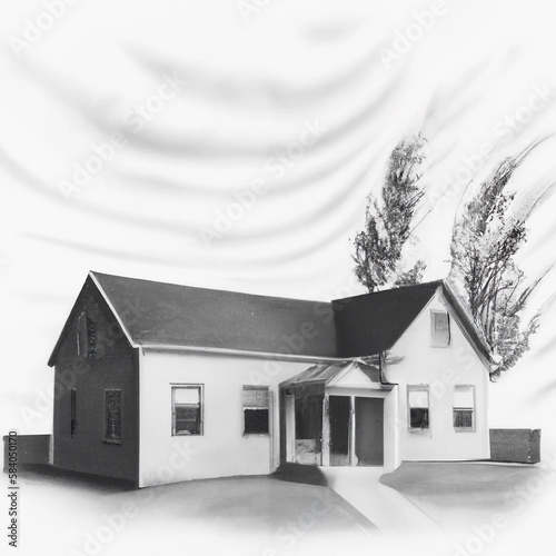 High detailed Pencil drawing house on a white background. Ai genereated image. photo