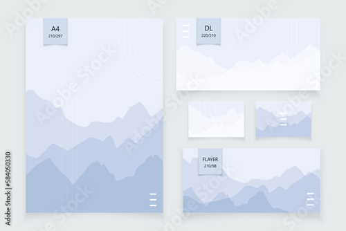 A set of templates for business printing with a mountain landscape in a minimalist style. EPS 10.