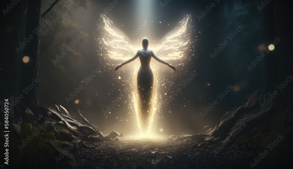 Lone silhouetted winged angelic figure with darkness illuminated by the light of the divine. Created with Generative AI.