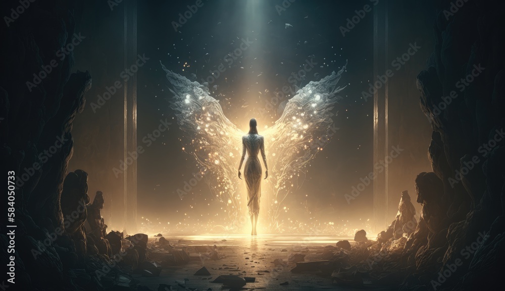 Lone silhouetted winged angelic figure with darkness illuminated by the light of the divine. Created with Generative AI. - obrazy, fototapety, plakaty 