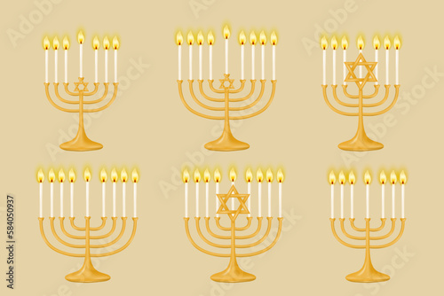 Set of gold Hanukkiah menorah for seven and nine candles on a beige background. Menorah with candles. Perfect for your holiday designs. Vector illustration.