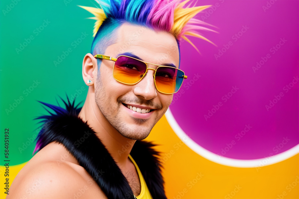 Portrait of a man with rainbow mohawk hair and sunglasses on a abstract painted background, summer vibrancy. Generative AI. Portrait of a man with rainbow mohawk hair and sunglasses on a abstract painted background, summer vibrancy. Generative AI.