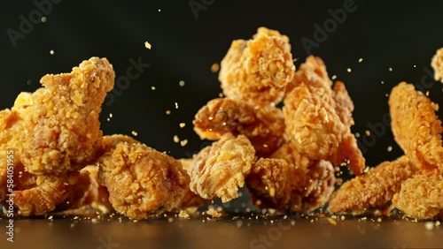 Super slow motion of flying fried chicken pieces on black background. Filmed on high speed cinema camera, 1000fps, placed on high speed cine bot. Camera in motion, following objects. Speed ramp effect