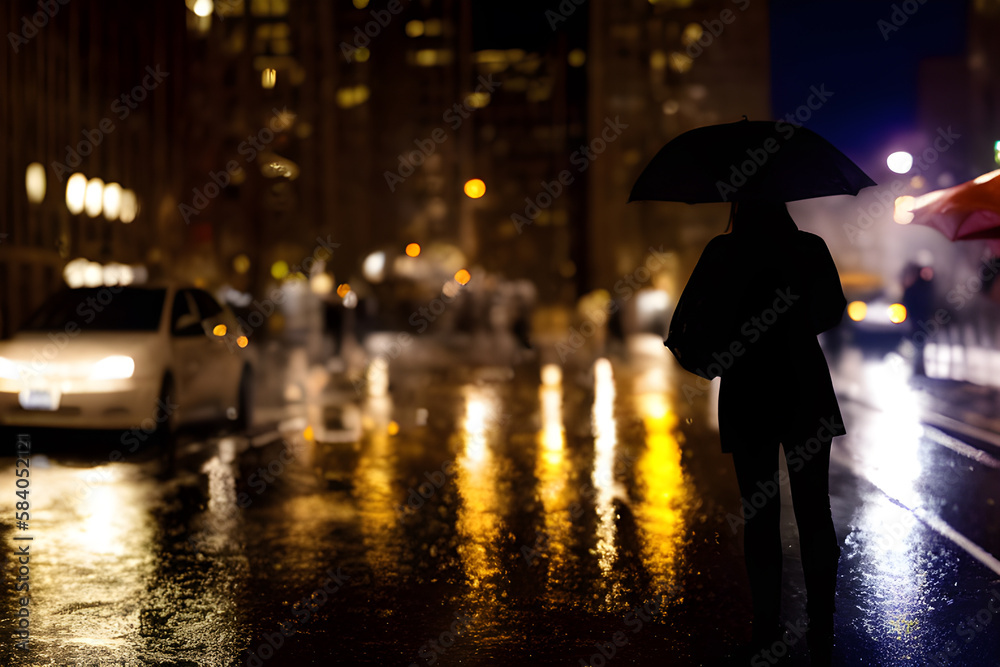 silhouettes of woman on the rainy street in big city