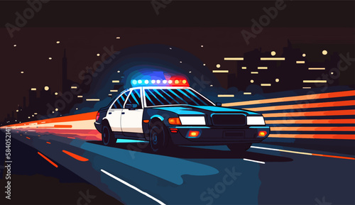 Police car driving in night in city, vector illustration, 2d.