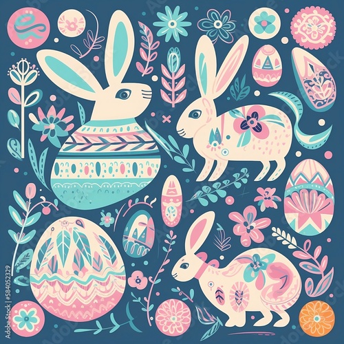 Festive Easter card depicting Easter bunnies and Easter eggs