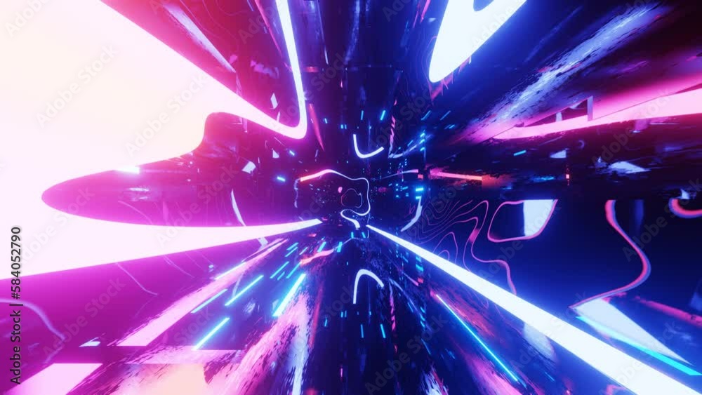 Hi-tech neon sci-fi tunel. Trendy neon glow lines form pattern and construction in mirror tunnel. Beautiful neon tunnel. Fly through technology cyberspace. 3d looped seamless 4k bright youth bg.