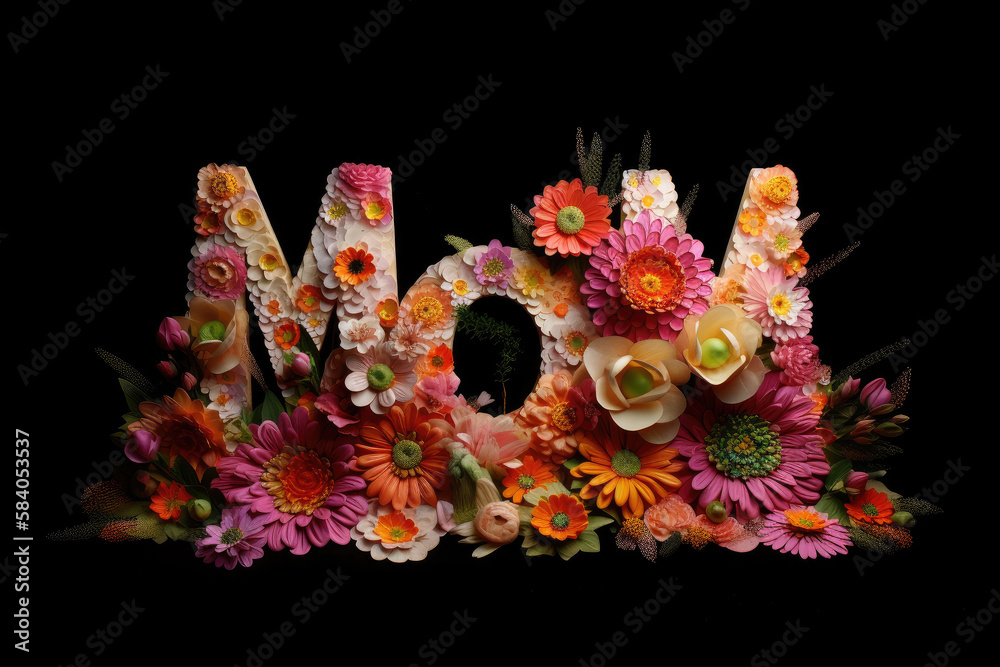 Cute Mom Lettering with Flowers Illustration AI Generative.